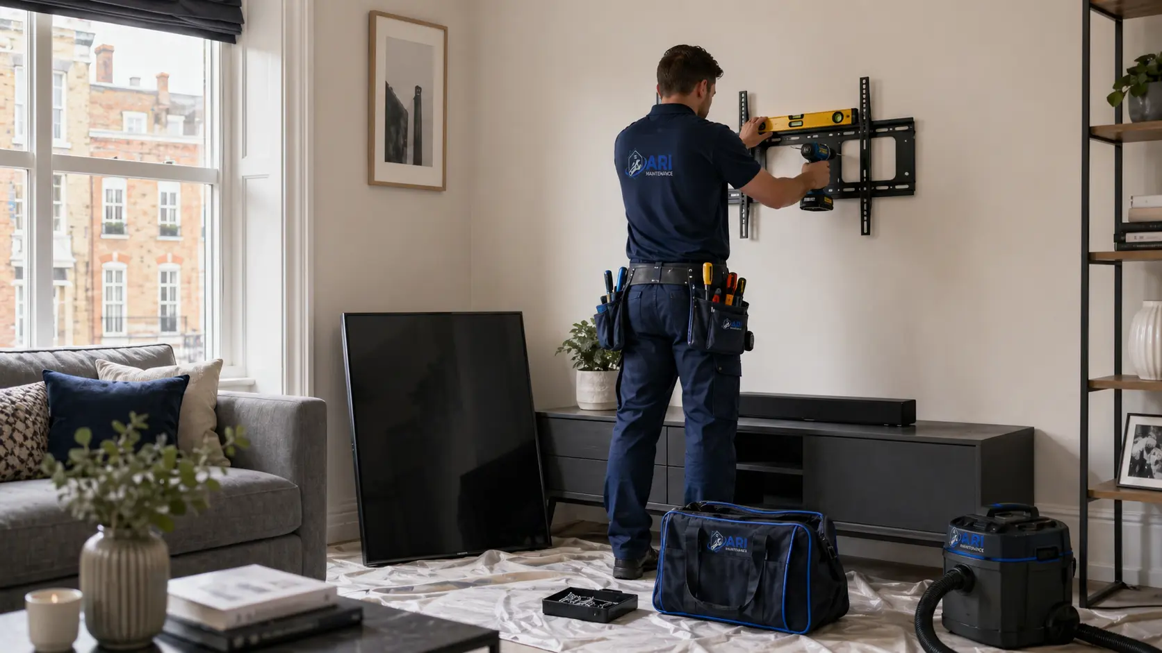 ARI Maintenance handyman levelling a TV wall bracket in a London living room