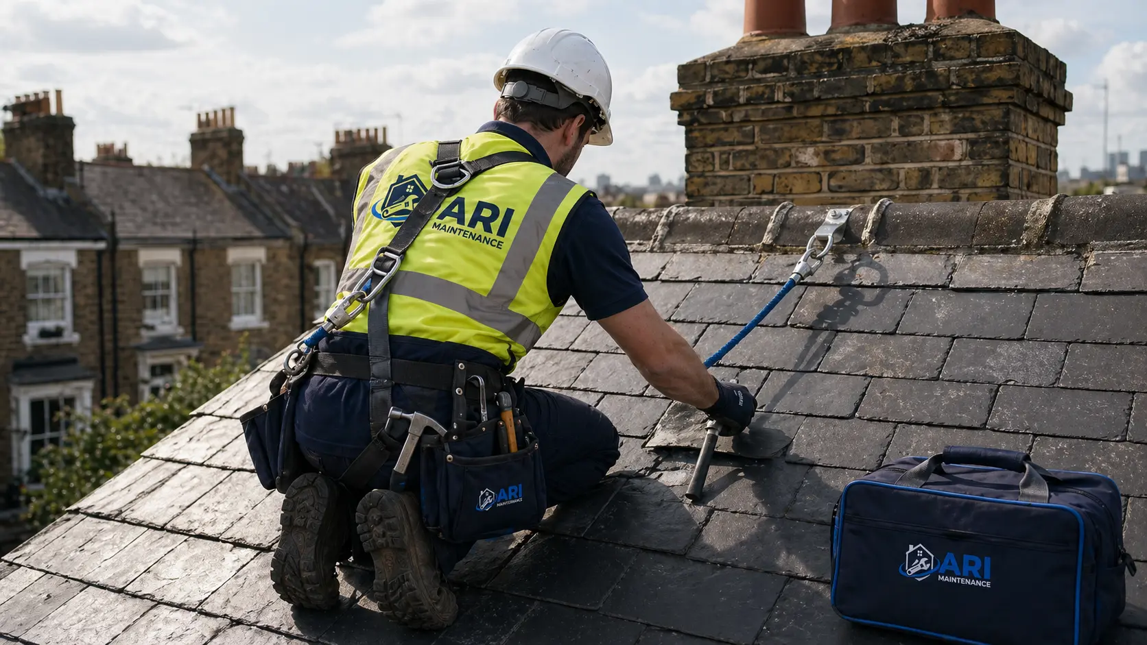 ARI Maintenance roofer in a safety harness bedding a slate beside a chimney stack on a London roof