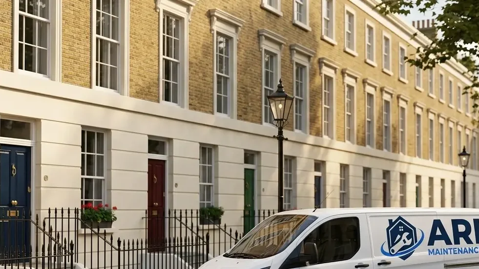 ARI Maintenance van parked on a Georgian terrace street in Islington, north London
