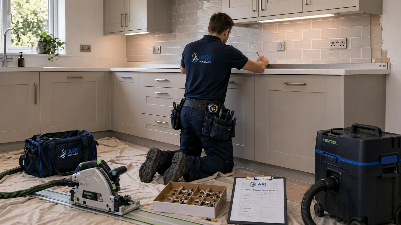 ARI Maintenance kitchen fitter marking out a worktop during a kitchen installation